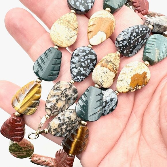 Vintage Womens Necklace Gold Filled Carved Gemstone 24" Ukanite Jasper Obsidion - Picture 1 of 5